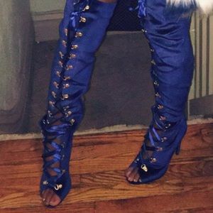 Blue Velvet Laced Up Knee High Boots